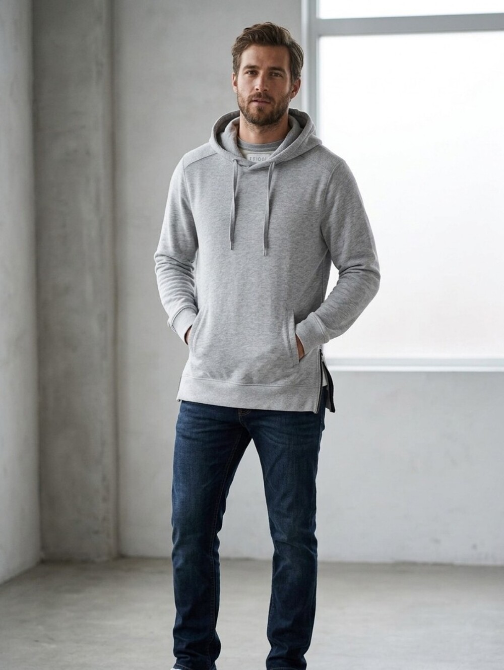 Light Gray Hooded Pullover Sweatshirt with Side Zippers